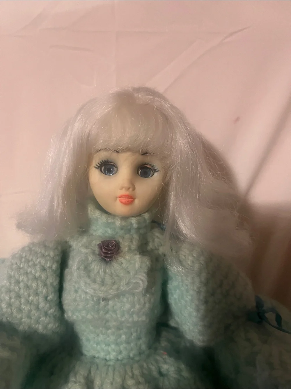 Vintage Doll with Handmade Light Aqua Crochet Dress with Ribbon Accents